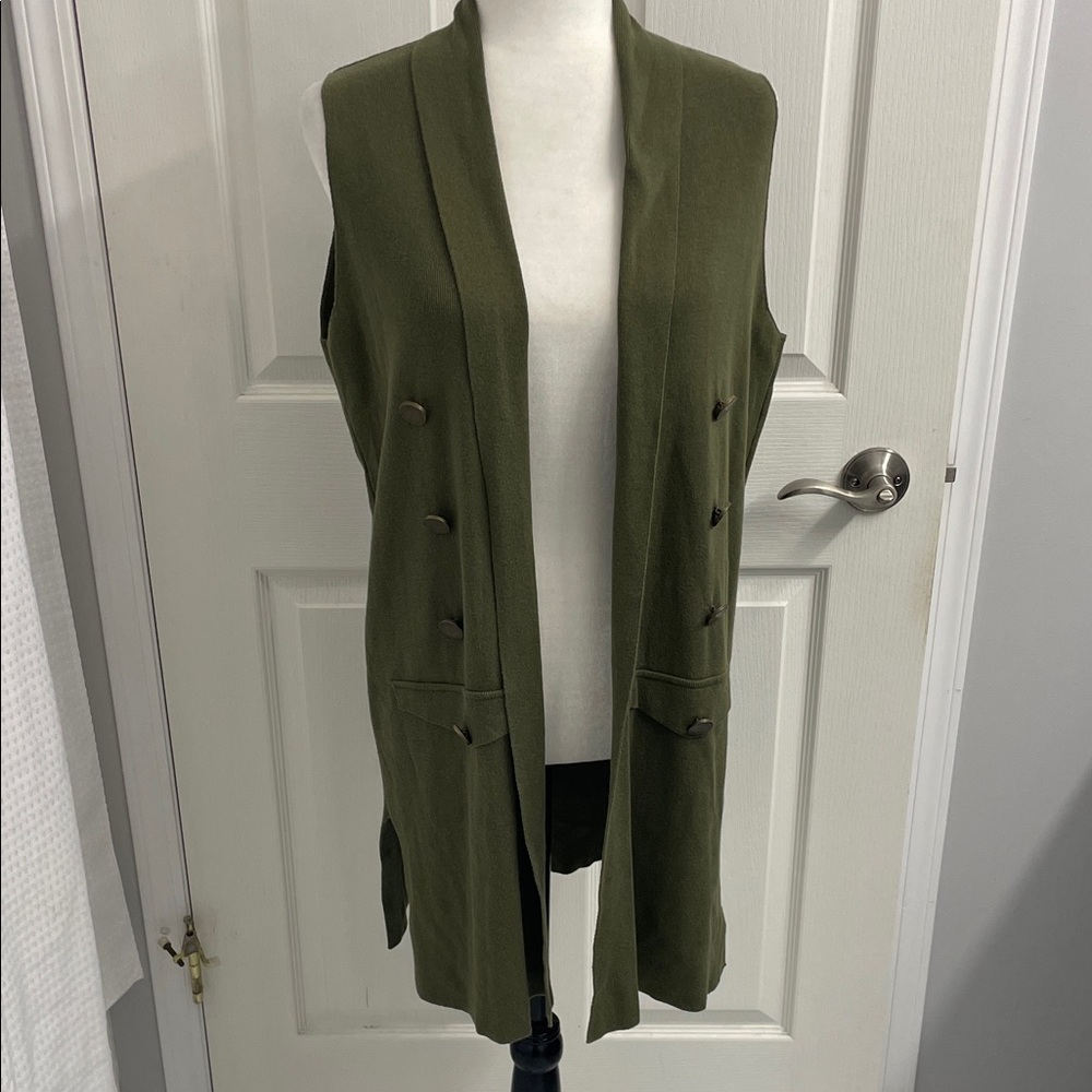 Olive Green Long Sleeveless Waterfall Open Knit Vest Sz M - Picture 2 of 15